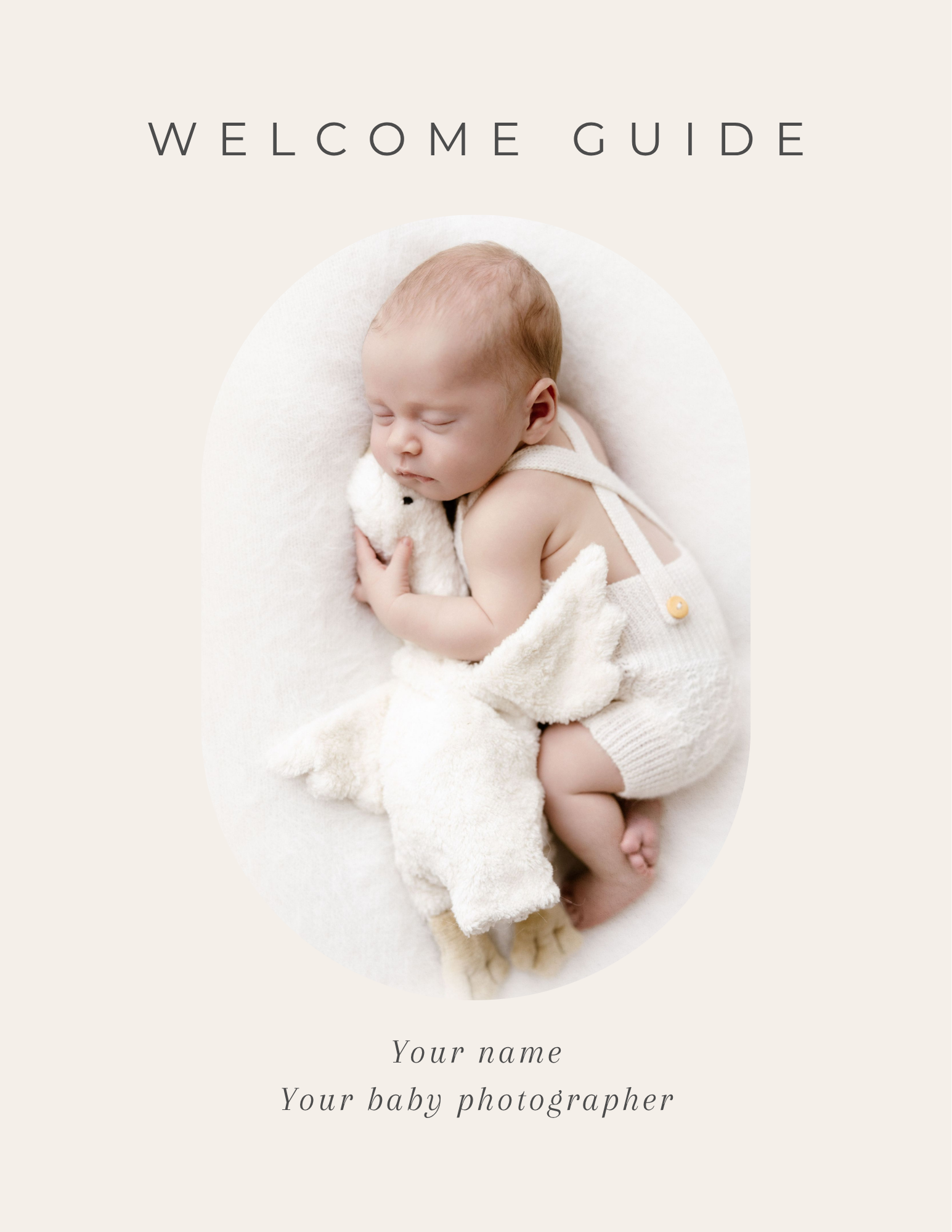 Front page of my info magazine template in English: a welcome guide for newborn sessions