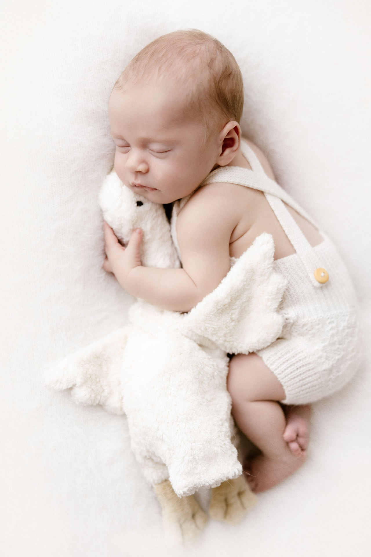 Sleeping newborn cuddling a soft white goose in a knitted romper