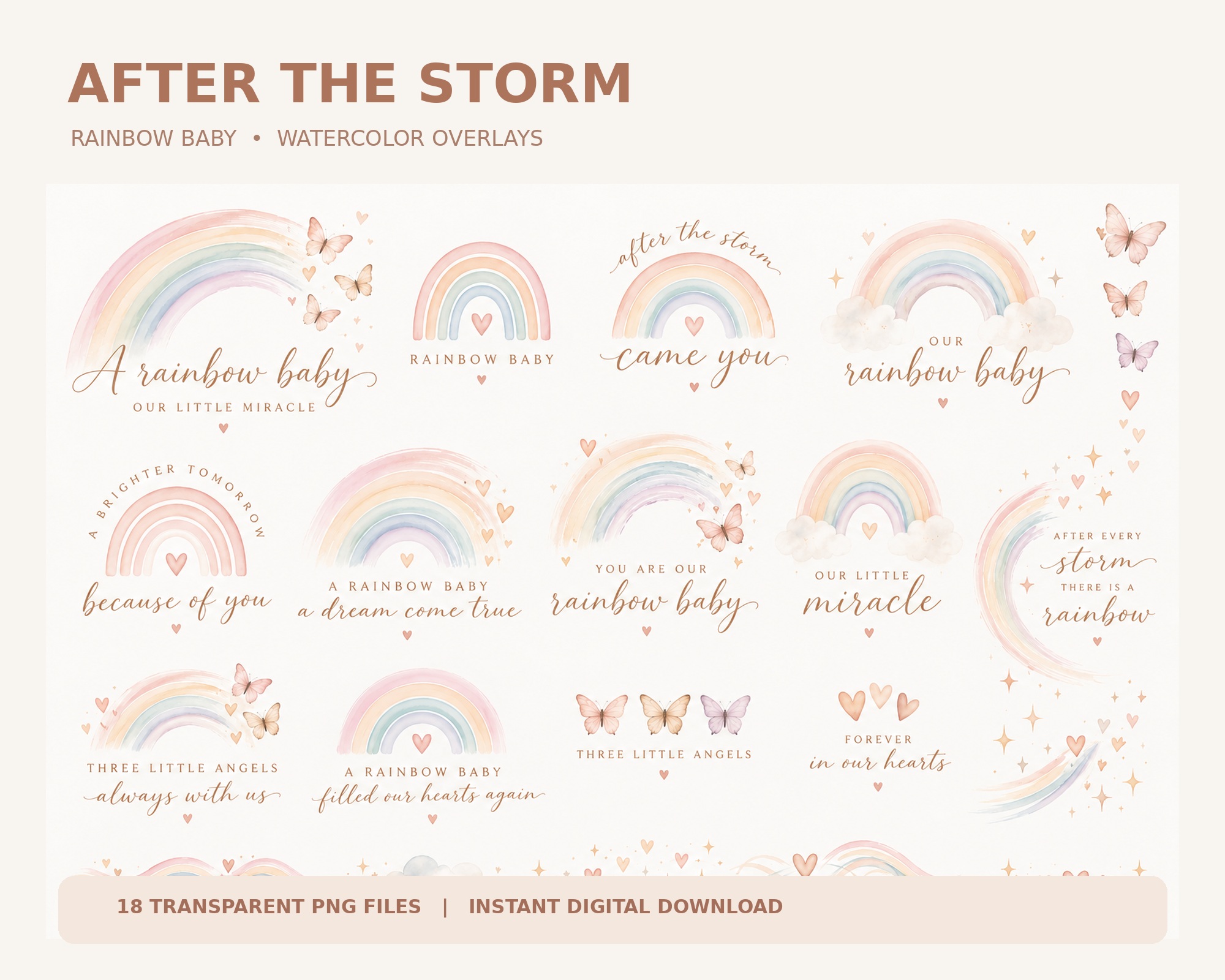 Watercolor rainbow baby clipart set with soft rainbows, clouds and sweet words on an off white background